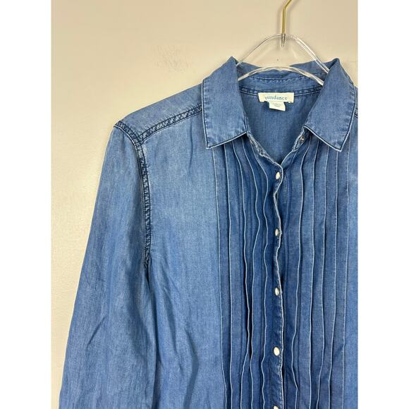 Sundance Tessa Chambray Pleated Top Blue Small Western - Picture 4 of 7